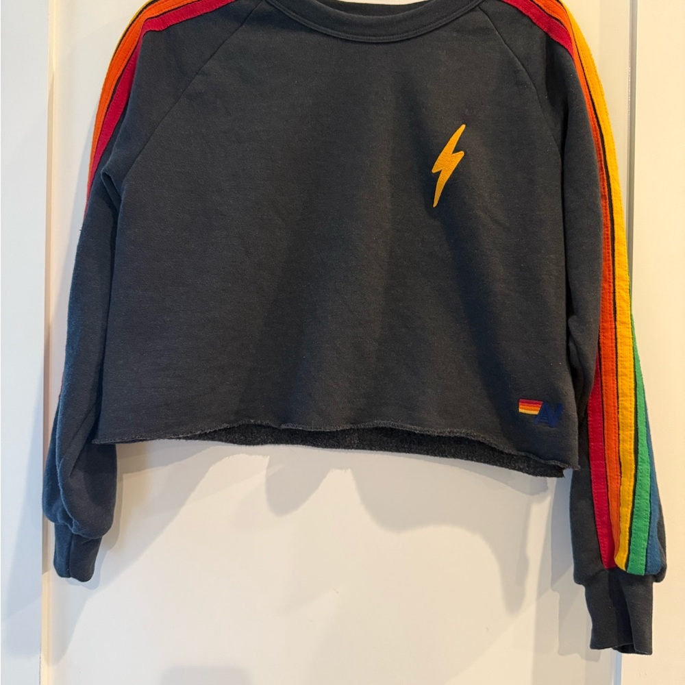 Aviator Nation M Bolt Striped Cropped Sweatshirt